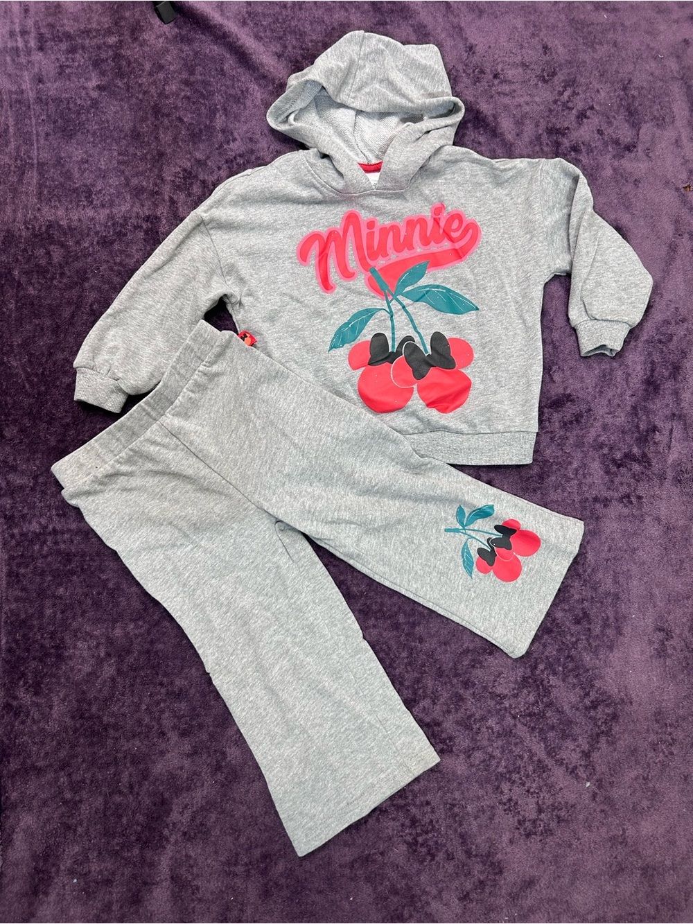 Disney Grey Hoodie & Pants Set with Pink Cherry Graphic